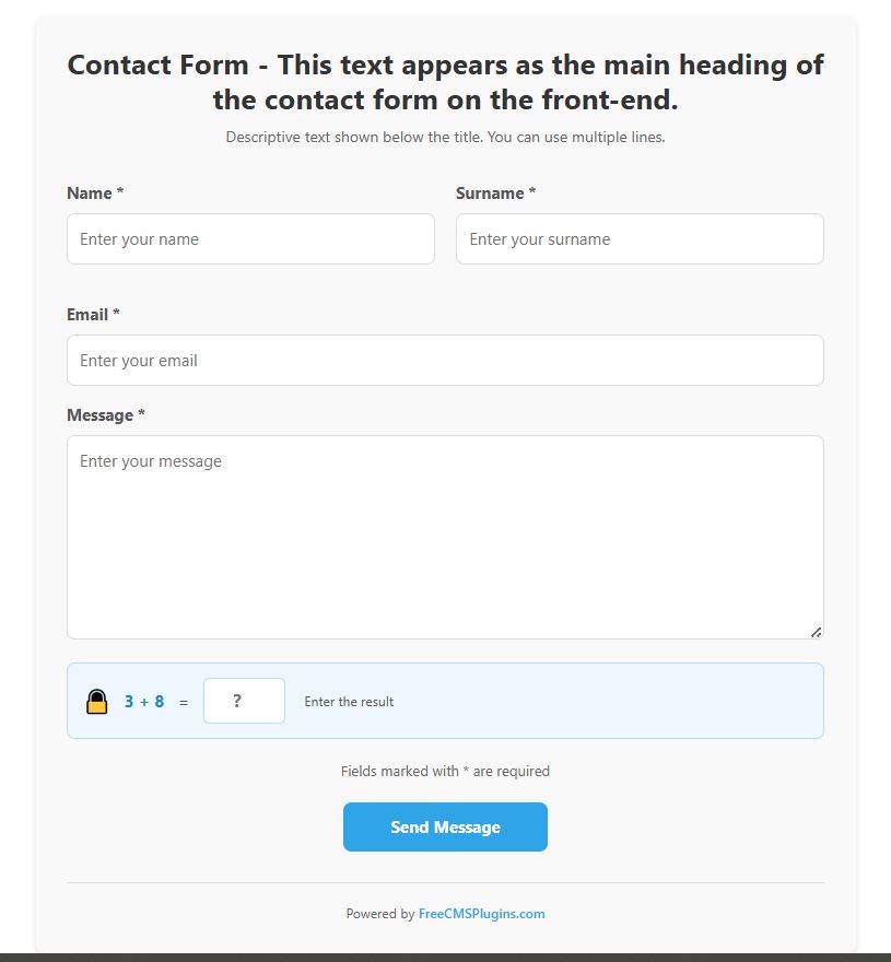 Contact Form frontend screenshot